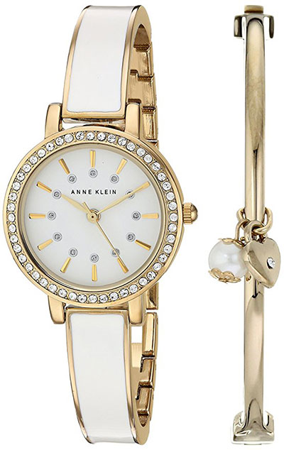 Anne Klein Womens Swarovski Crystal Accented Gold Tone White Watch Bangle Set