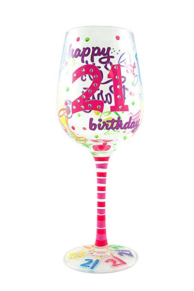 Top Shelf 21st Birthday Wine Glass Hand Painted